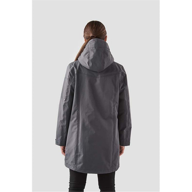 A grey Women's Fairbanks 5-in-1 System Jacket with a hood, viewed from the back, featuring a minimalist design.
