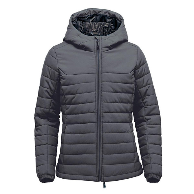 A women's quilted hoody in dark grey with a zippered front and a hood. It features a sleek, padded design.