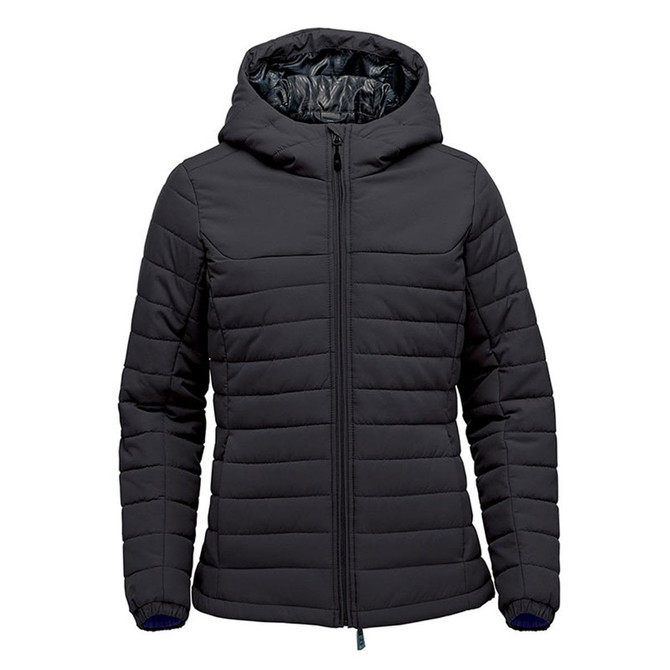A women's black quilted hoody with a zipper and a hood, featuring a branded logo.