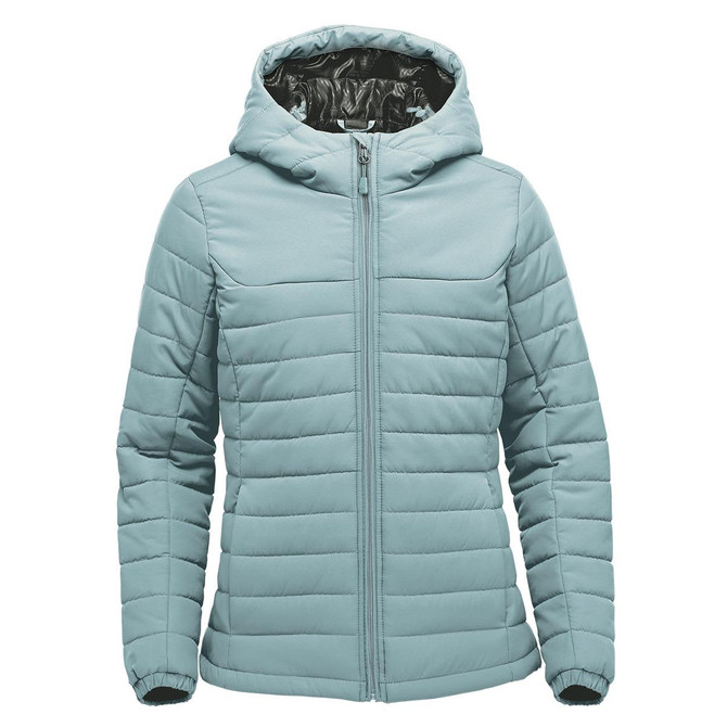 A light teal women's quilted hoody with a zip closure and a hood. The interior has a patterned lining and features a logo.