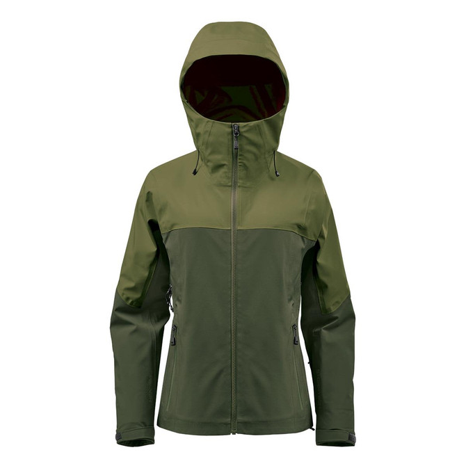 A green women's jacket with a hood and zip, featuring contrasting tones and a logo.