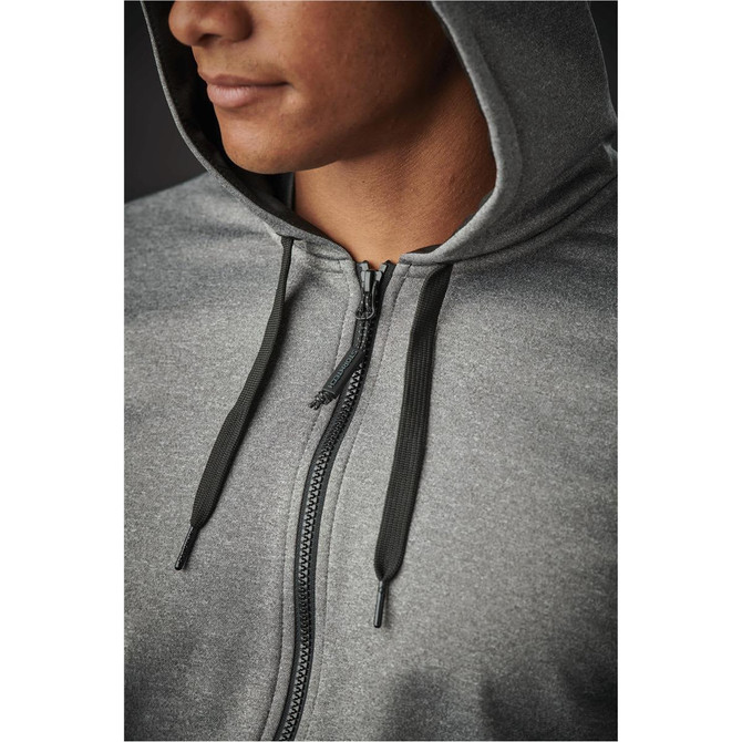 A grey hooded jumper featuring a full zip and drawstring toggles, displayed on a model. It has a subtle branding detail.