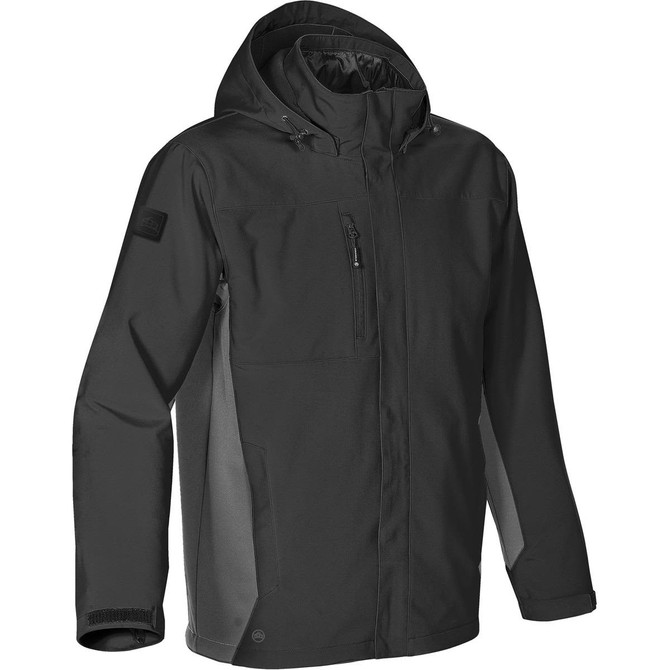 A black men's 3-in-1 jacket featuring a hood, zippered front pocket, and a logo on the sleeve.