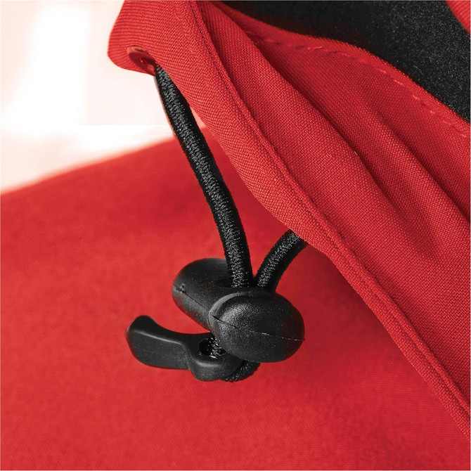 A close-up of a red jacket featuring a black drawstring and toggle for adjustments.