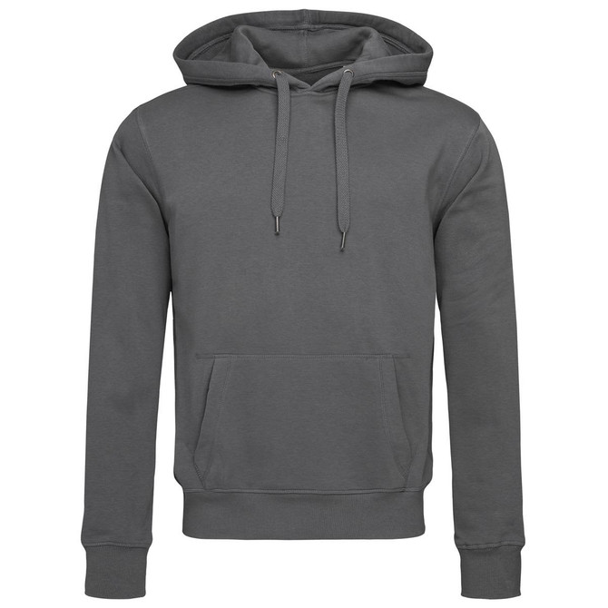 A grey men's active sweat hoody featuring a front pocket and a drawstring hood, with a logo on the front.