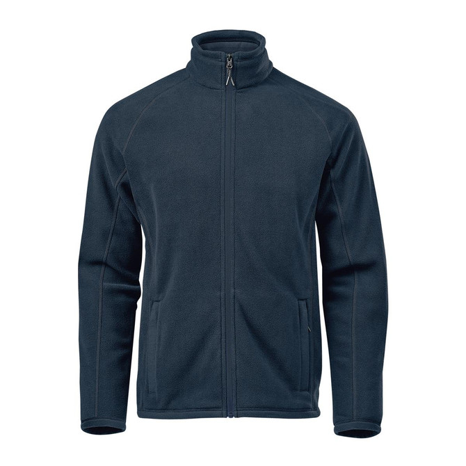 A navy blue polar fleece jacket with a zip front and side pockets. It features a high collar and has a logo.