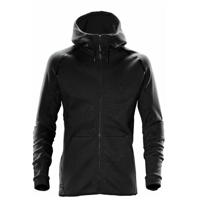 A black zip-up hooded jumper with long sleeves, featuring a fitted design and a logo.