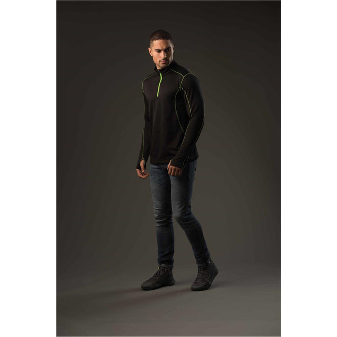 A men's black fleece pullover with neon green detailing, featuring a high collar and a zip neck.