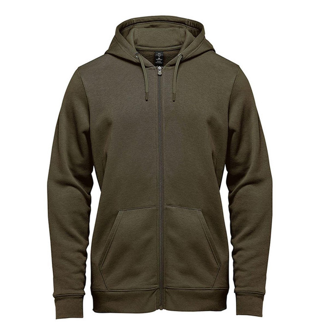 A green full zip fleece hoody featuring a hood and front pockets, designed for men. It includes a logo.