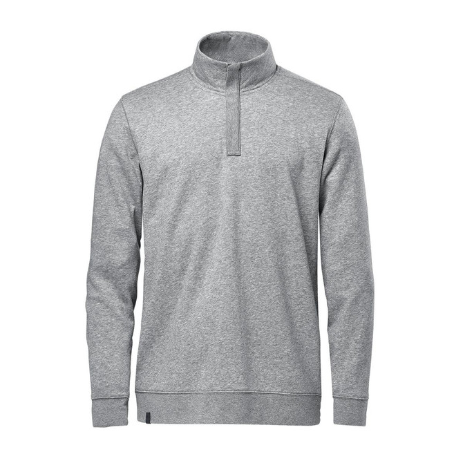 A grey men's pullover featuring a 1/4 zip and a standing collar, with long sleeves and a plain design.