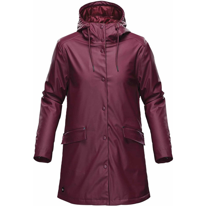 A women's insulated rain jacket in burgundy with a hood and pockets, featuring a logo on the front.