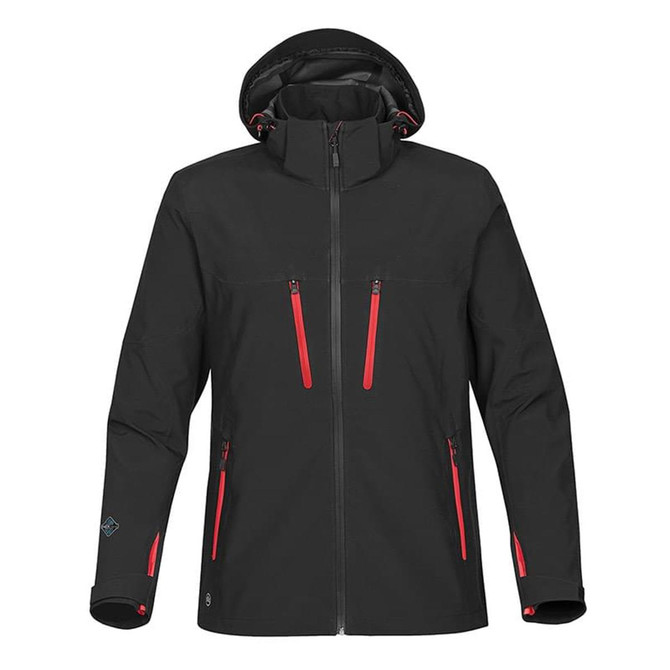 A black softshell jacket with red zippers and a hood, featuring two front pockets and a logo.