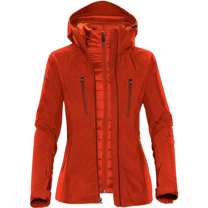 A women's jacket in bright red with a hood, featuring zippered pockets and a logo.