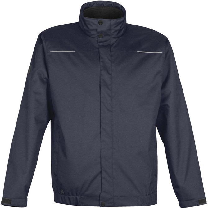 A navy blue men's jacket with a high collar and reflective detailing, featuring a logo on the sleeve.