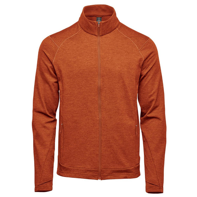 A men's performance jacket in a warm orange shade, featuring a zip front and a stand-up collar. It has a logo on the chest.