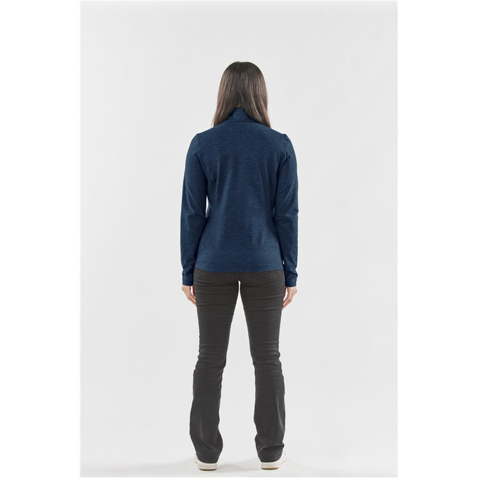 A women's jacket in dark blue, featuring a high collar and worn with black trousers, displaying a simple design.
