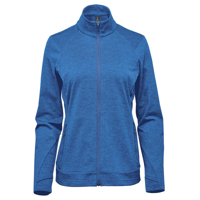 A blue women's performance jacket with a zip-up front and stand-up collar. It features a logo on the upper left side.