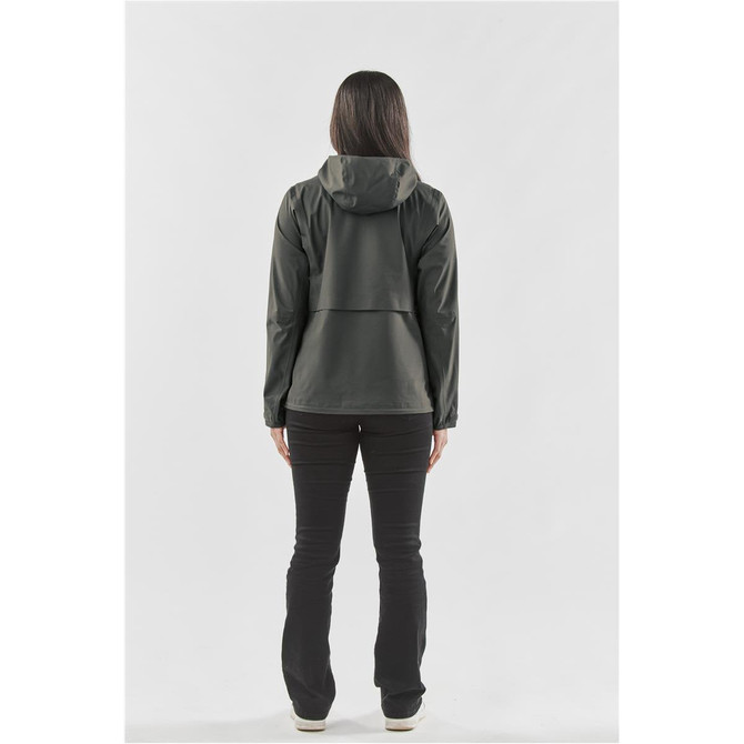 A women's rain jacket in dark grey, featuring a hood and a branded logo, displayed from the back.