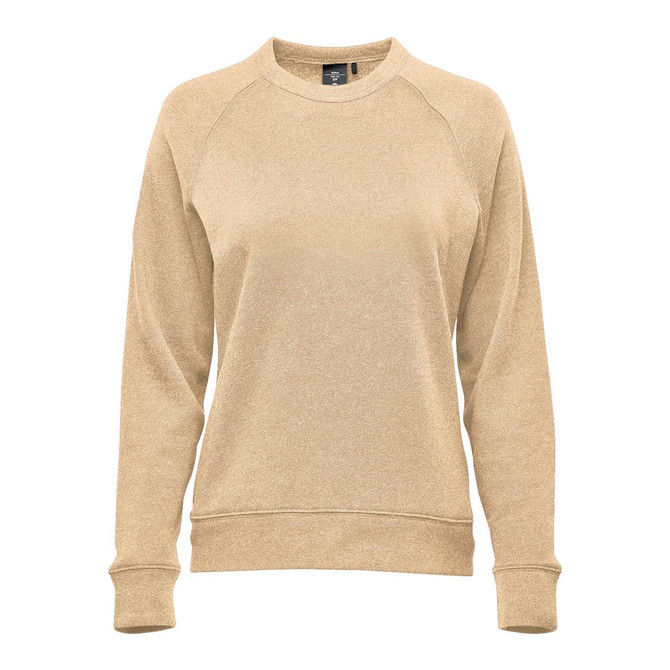 A women's crew neck jumper in a soft beige colour, featuring long sleeves and a ribbed neckline. It has a logo.