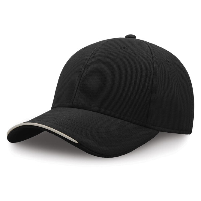 A black cap with a subtly contrasting peak and a logo on the front, made from recycled polyester.