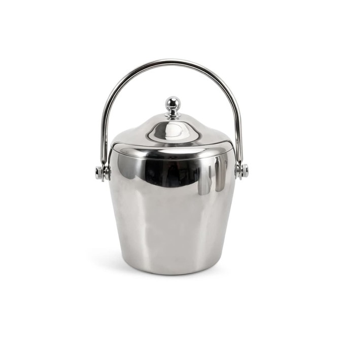 A stainless steel cooler bucket with a shiny finish and a hinged handle. The lid is domed with a decorative knob.