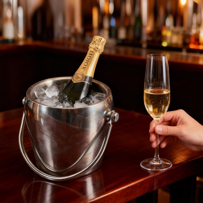 A stainless steel cooler bucket filled with ice, holding a bottle of champagne, beside a champagne flute.