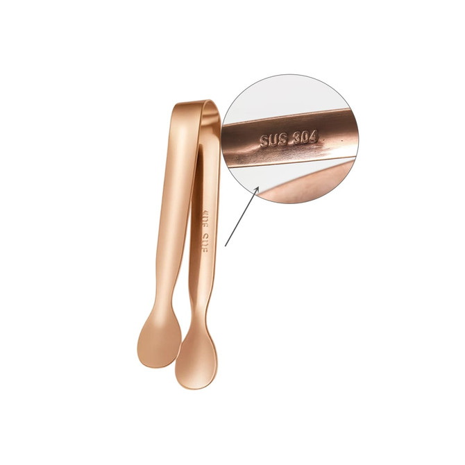 A stainless steel ice tong in a rose gold finish, featuring a branded logo and engraved markings on the inner side.