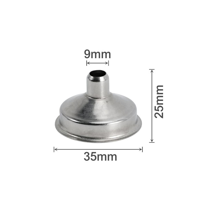 A stainless steel mini funnel in a silver finish with dimensions measuring 35mm in diameter and 25mm in height.