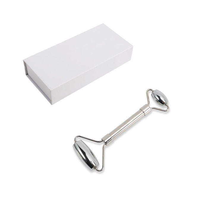A stainless steel facial roller with a sleek design, accompanied by a plain white box for packaging.