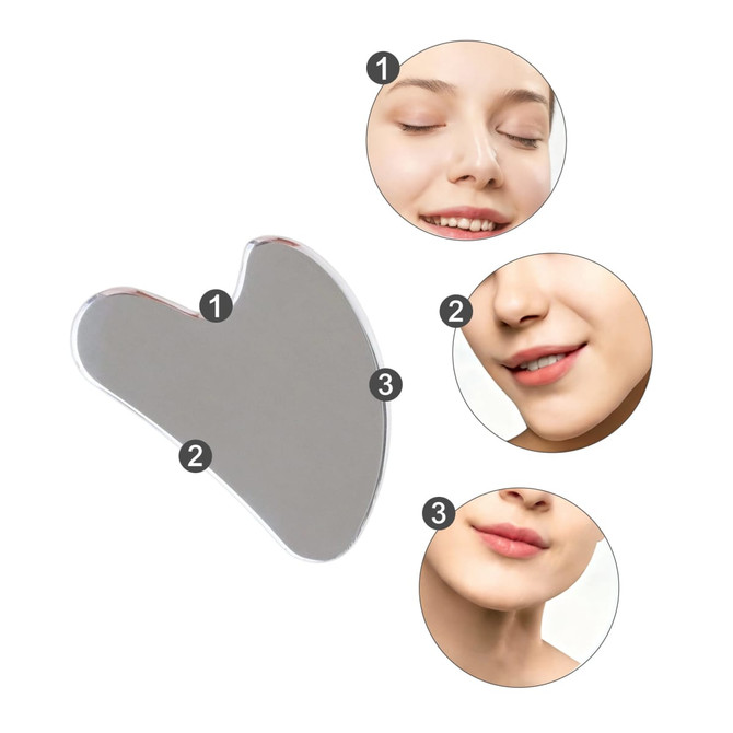 A stainless steel gua sha massage tool with a smooth, reflective surface, shown alongside three close-up facial images.
