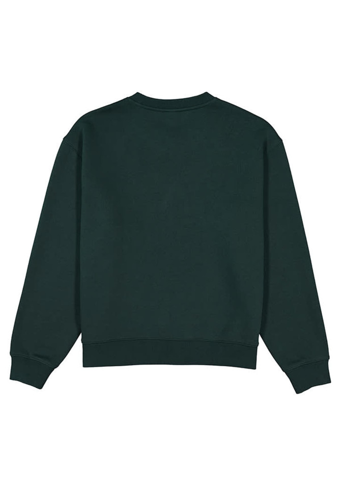 A green women's crew sweatshirt, featuring long sleeves and ribbed cuffs, with a solid back design.