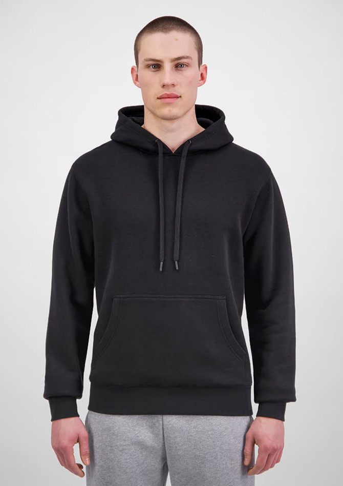 A men's everyday hoodie in black, featuring a front pocket and drawstring hood, modelled by a man.