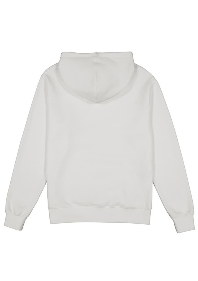 A white men's hoodie featuring a back view with a hood and long sleeves. The design includes a logo.