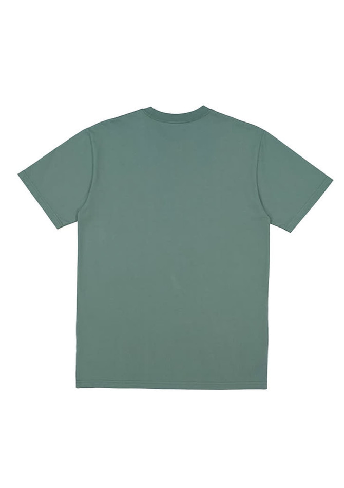 A green men's short sleeve tee featuring a plain design and a logo on the back.