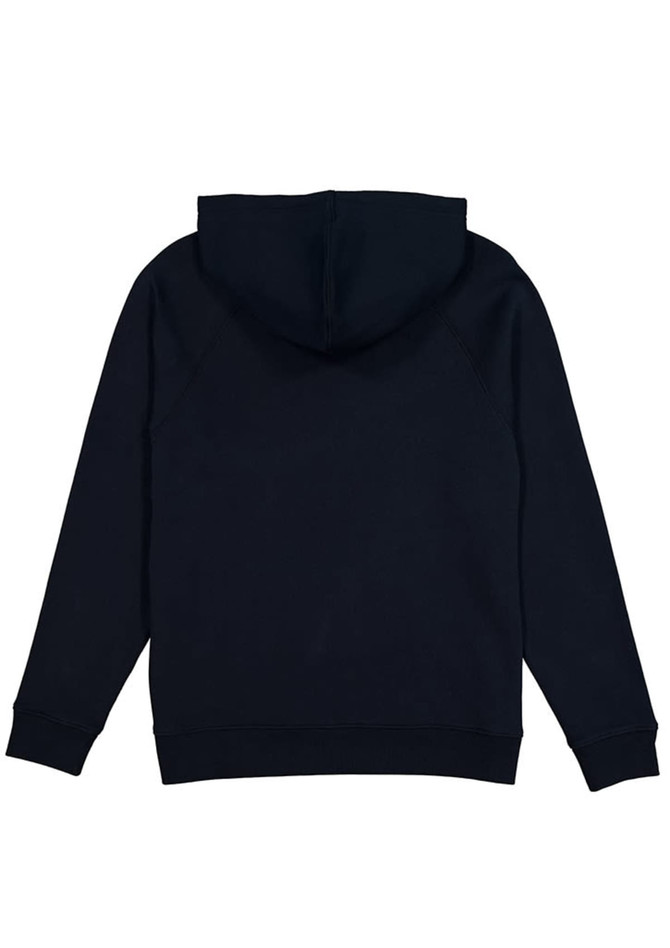 A navy women's hoodie with a hood and long sleeves. The back view shows a simple design with no visible branding.