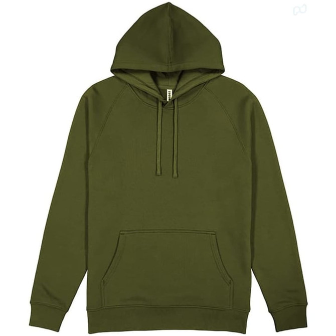 An olive green hoodie with a front pocket and a drawstring hood. It features a logo on the front.