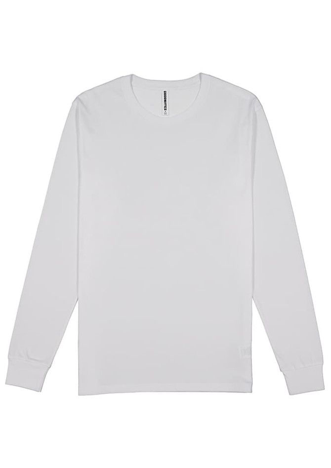 A white long sleeve t-shirt with a simple design and a small logo on the label.