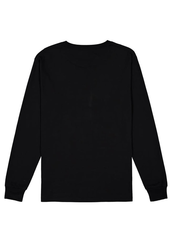 A black long sleeve t-shirt with a plain back, featuring a logo on one side.