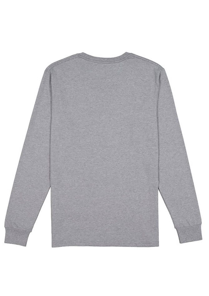 A grey long sleeve t-shirt with a simple design and a logo on the back.