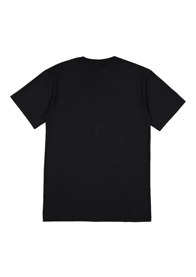 A black short sleeve t-shirt with a plain back and a logo on the label.