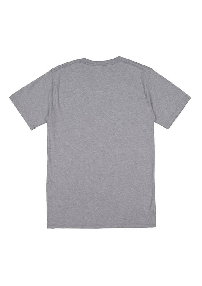 A grey short sleeve t-shirt with a plain back and a logo.