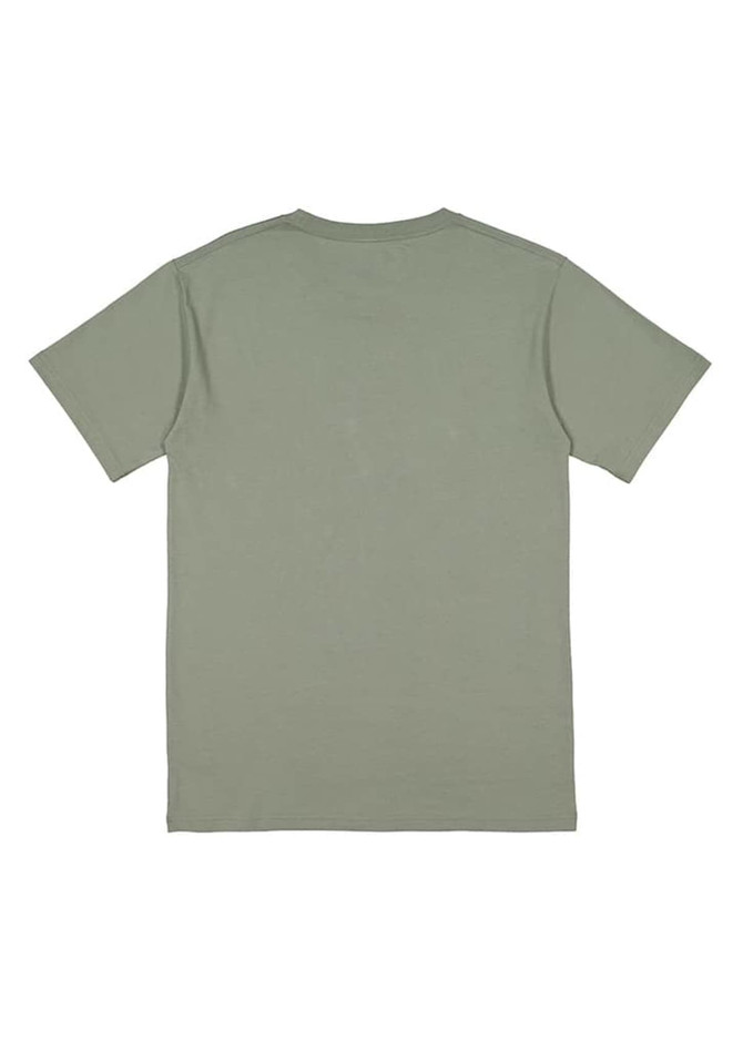 A short sleeve tee in olive green with a simple design and a logo on the back.