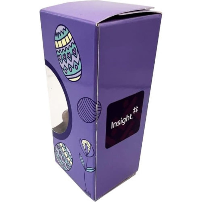 A purple cardboard box with Easter egg designs, featuring a clear window to display chocolates inside.