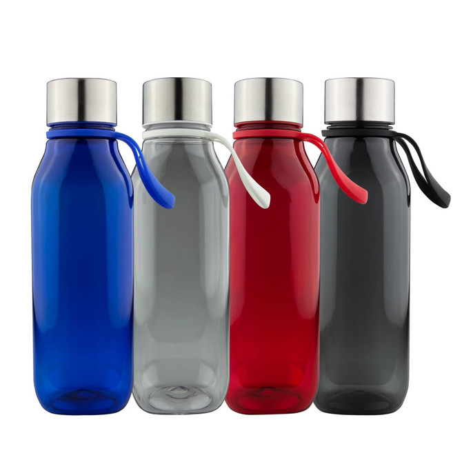 A drink bottle collection featuring blue, clear, red, and grey Tritan bottles with metallic caps and silicone straps.