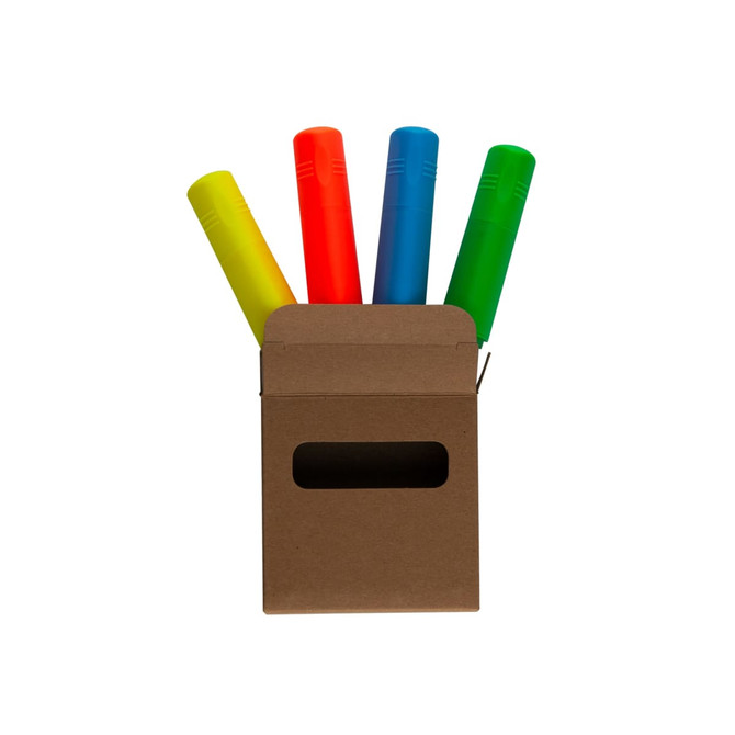 A triangle highlighter set featuring four highlighters in vibrant colours: red, orange, yellow, and green, packaged in a brown box.