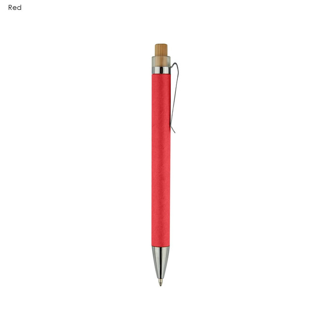 A red pen made from recycled cardboard with a bamboo accent and a metal clip. It features a branding logo.