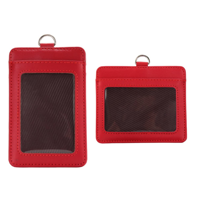 A red PU leather card holder featuring two sections with transparent windows for cards. It includes a metal ring.