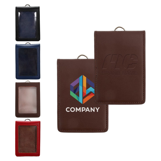 A variety of leather ID card holders in black, navy, blue, brown, and red with a logo on the brown holder.