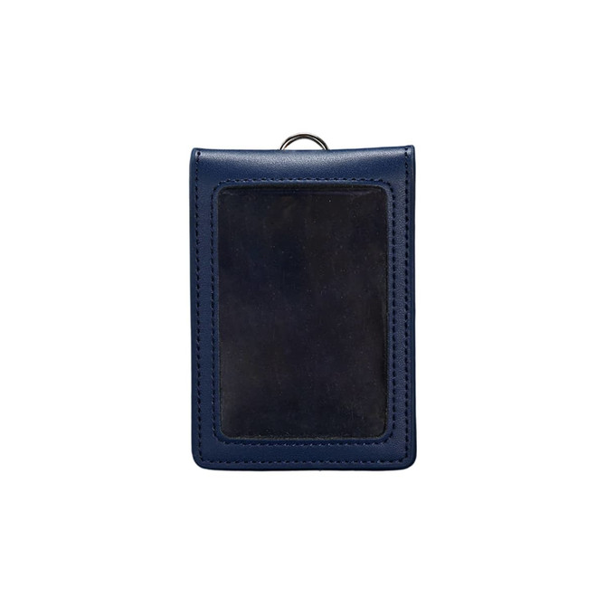 A navy leather ID card holder with a transparent pocket for displaying identification, featuring a simple design and a logo.