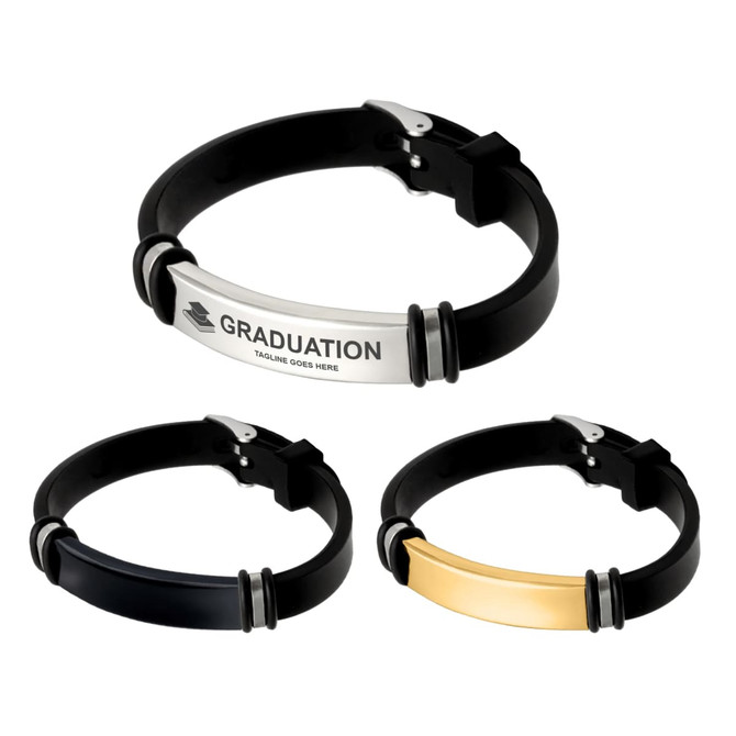 A set of engraved bracelets in silver, black, and gold finishes, featuring a logo on the clasp.